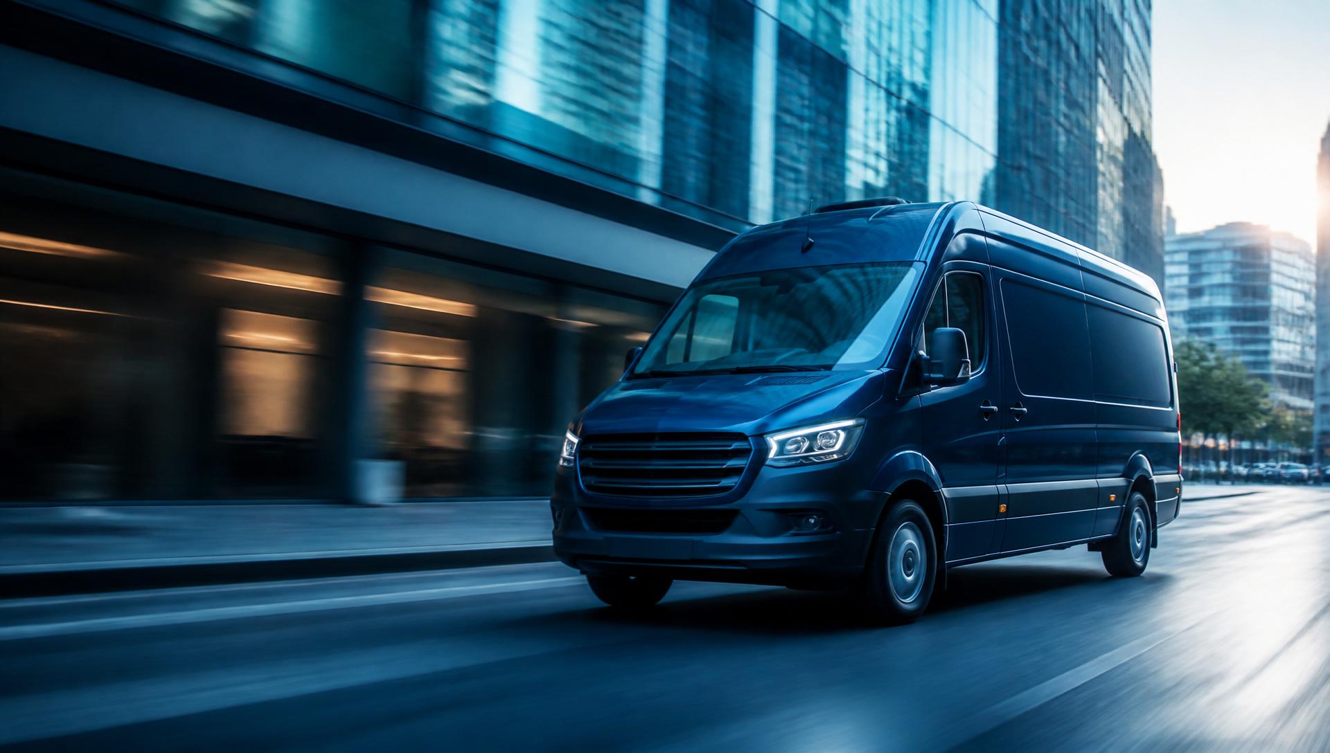 Professional courier van driving through the city